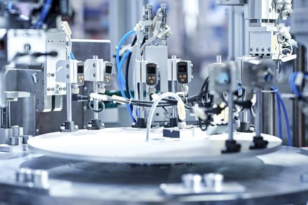 Close-up of automated industrial machinery with robotic arms performing assembly tasks, showing precision engineering and complex operations.