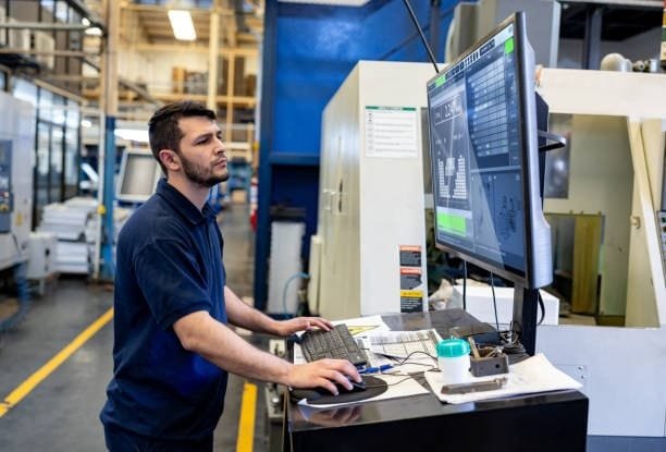CNC technician reviewing part designs and generating G-code using CAM software at a workstation, an essential step in CNC machining.