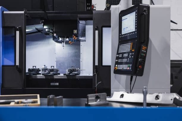 Close-up view of a CNC milling machine with a control panel in a workshop, displaying the workpiece being processed and the machinery's precision control interface.