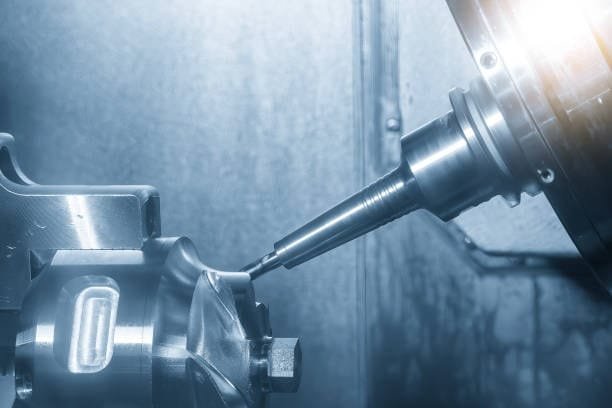 Close-up of a CNC machining process for metal parts, showcasing a cutting tool shaping a metal workpiece with precision in a well-lit environment.