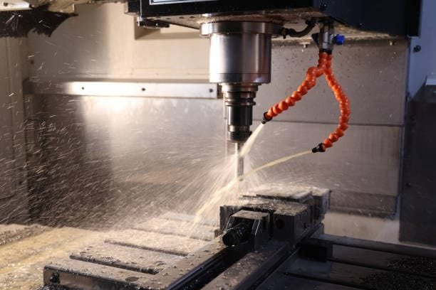 CNC milling machine with coolant spray working on metal, showing precision and the cooling process in manufacturing.