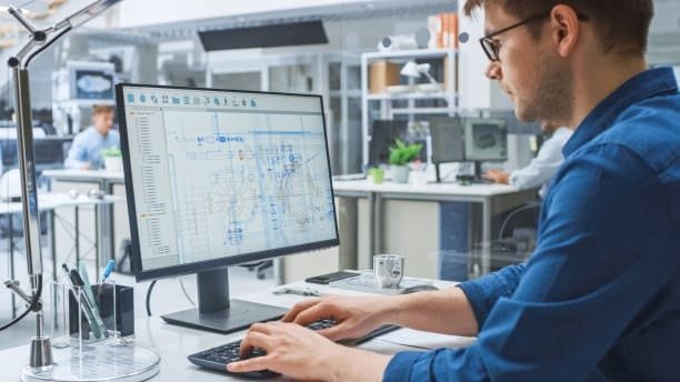 Engineer working on a desktop computer with engineering schematics and design simulations, illustrating the use of computer-aided engineering in product development processes.