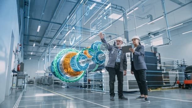 Engineers analyzing a 3D holographic model of a turbine in a high-tech manufacturing facility, demonstrating advanced computer-assisted design integration with augmented reality.