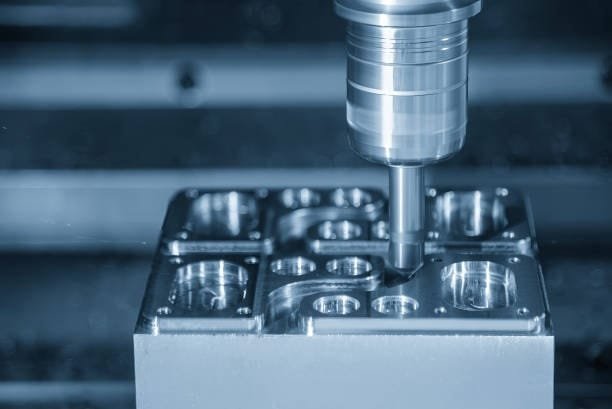 Close-up of a CNC machine performing climb milling on an aluminum workpiece, showing the cutter moving in the same direction as the feed for optimal material removal.