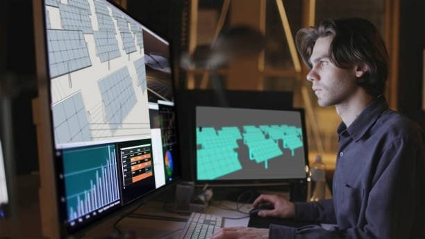 Engineer analyzing digital models of solar panel layouts on multiple monitors, showcasing the precision of computer-assisted design in renewable energy planning.