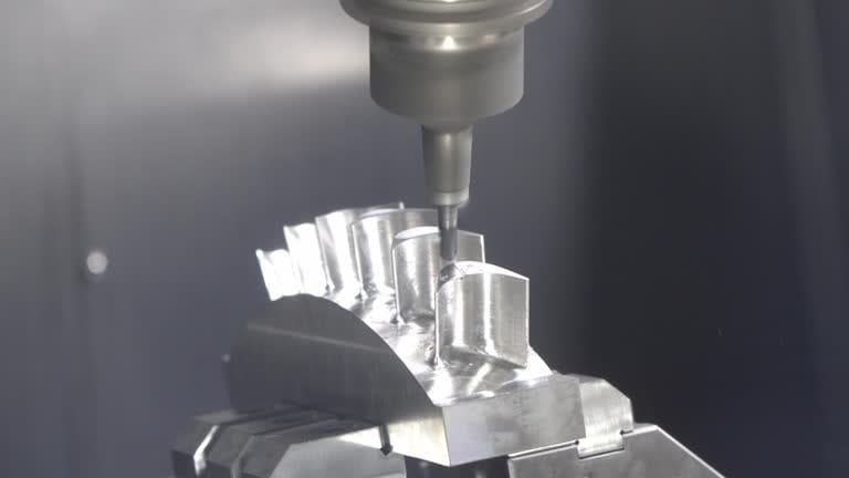 Close-up of CNC milling machine finishing a metal component, precision cutting and shaping the surface for high-quality production.
