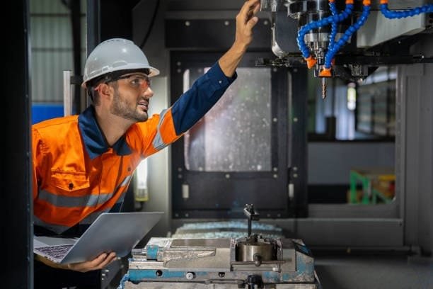 Machine operator adjusting a CNC machine during the milling process, ensuring precision for climb or conventional milling tasks.