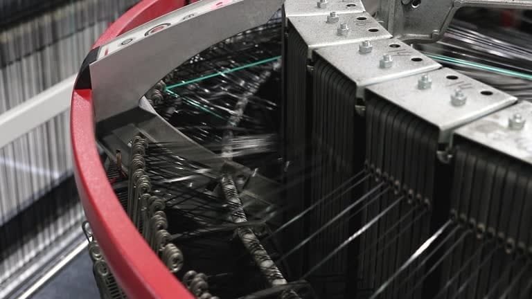 Industrial weaving machine processing carbon fiber strands into composite sheets