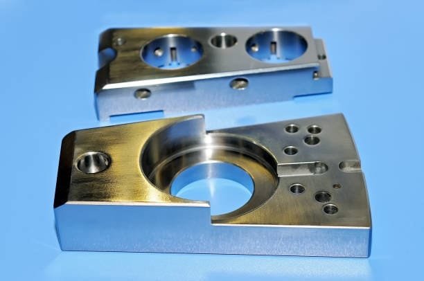 Two custom metal components with complex geometries made by CNC machining