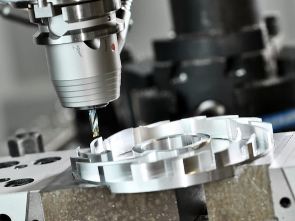 CNC tool machining lightweight aluminum aerospace component.