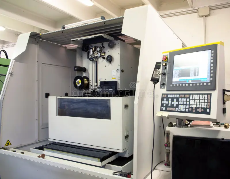 CNC wire EDM machine using electrical discharges to shape high-precision metal parts.