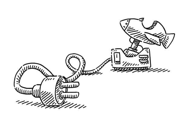 Hand-drawn sketch of a creative fixture prototype showing an electrical plug with humorous design elements