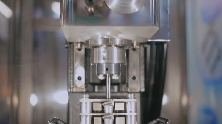 Close-up view of a precision CNC machine tool in action, with fine details on the metalwork being processed.