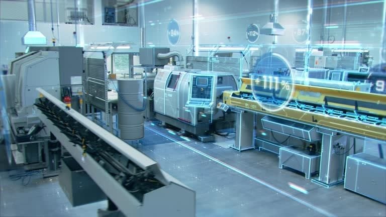 Digitally enhanced smart factory with interconnected CNC machines and real-time data overlay.
