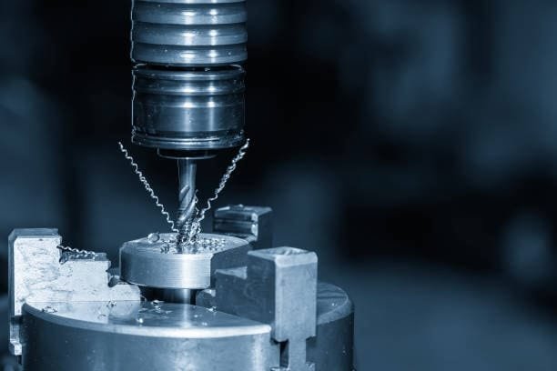 CNC drilling process on round metal component as part of screw machining