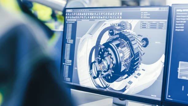 Close-up of a computer screen displaying a detailed 3D model of a motor assembly, used in computer-aided engineering for performance simulation and design validation.