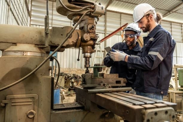 Two engineers inspecting a machine during quality control testing in a manufacturing workshop.