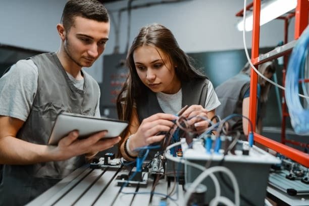 Two engineering students testing an electrical system with a tablet and hardware components, representing the integration of simulation and real-world application in computer-aided engineering.