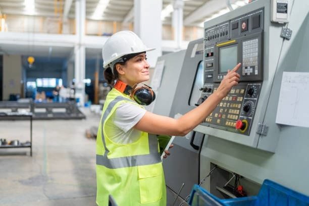 Female engineer operating CNC machine panel in a manufacturing facility.