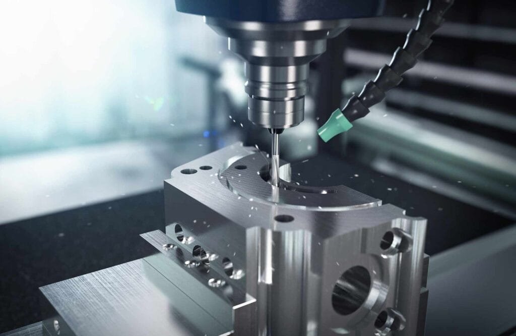 High-speed CNC machine cutting complex aerospace part.