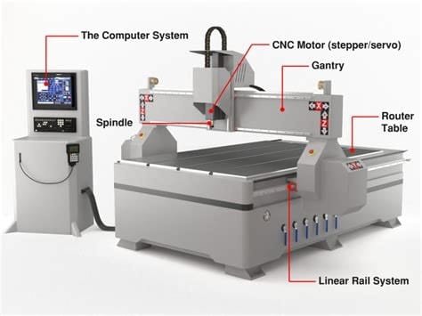 Labeled diagram showing key components of a CNC router machine including spindle, gantry, CNC motor, and router table.