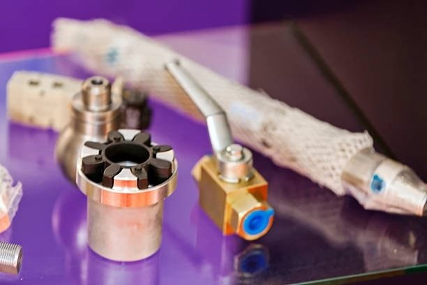 Display of precision-machined metal and carbon fiber parts used in high-performance applications
