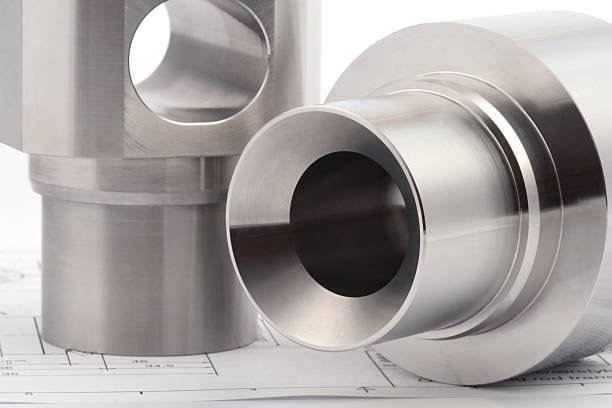 CNC machined metal tubes placed over low volume production blueprints