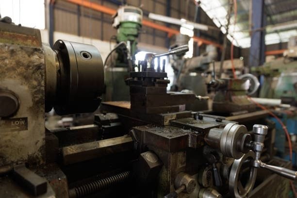 Traditional lathe machine in a workshop for comparison with CNC screw machining