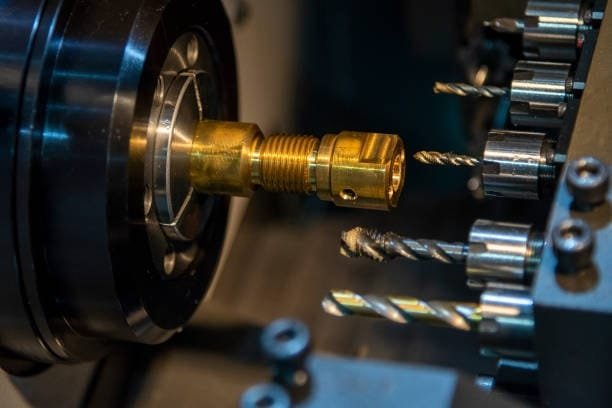Multi-axis CNC lathe producing precision screw parts in high-speed operation