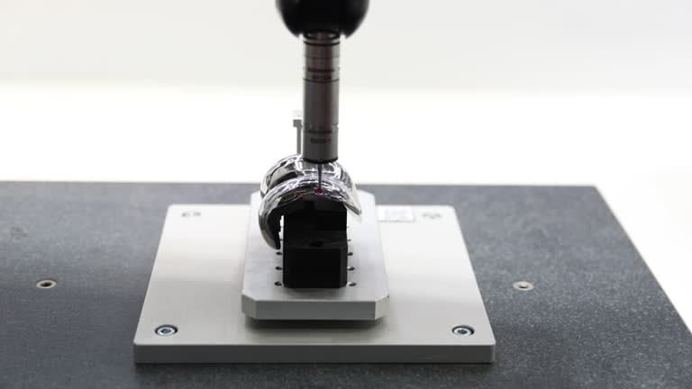 CMM inspecting a precision-machined titanium part for dimensional accuracy.