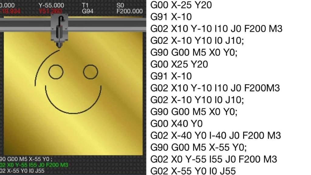 CNC machine creating a smiley face with G-code instructions on a golden plate.