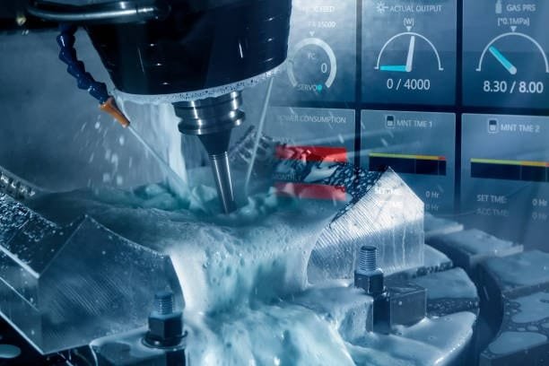 5 axis CNC machining operation with digital interface and coolant spray