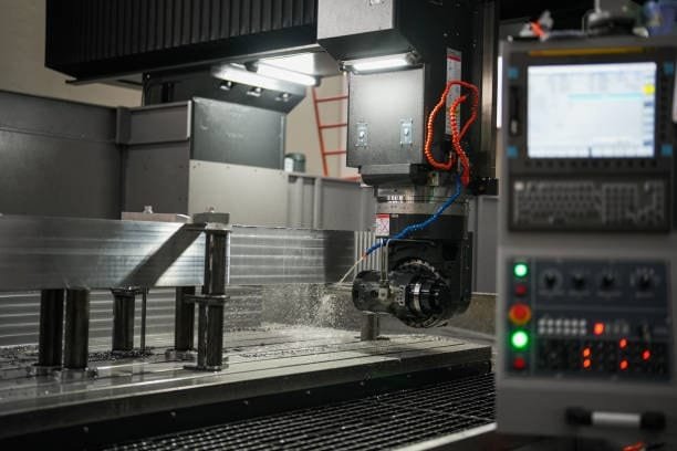 5 axis CNC machine operating with automated tool changer and control panel