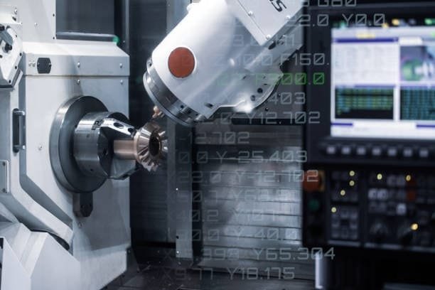 CNC machine cutting a metal part with G-code overlay, showcasing precision in CNC programming and automation.