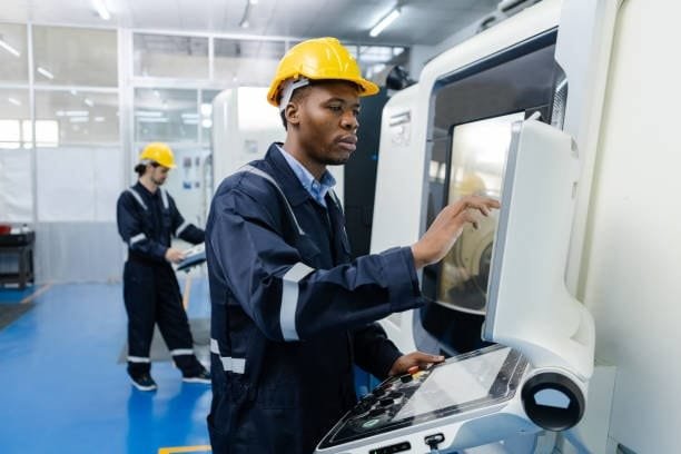 CNC operator in safety gear managing a control panel, demonstrating CNC programming in a factory setting.