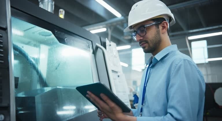 CNC technician with a tablet reviewing machining progress, ensuring accuracy in CNC programming.