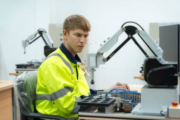 CNC workstation with a programmer managing automation tools, highlighting CNC programming efficiency.