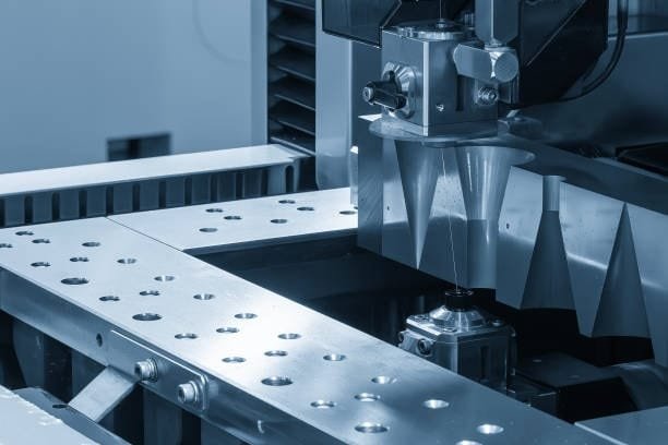 Industrial EDM wire cutting machine setup with complex fixture