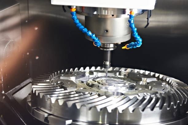 CNC machine creating a large precision metal gear with fine details.
