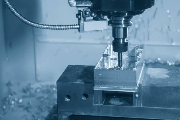 CNC milling machine cutting an aluminum block for custom parts.