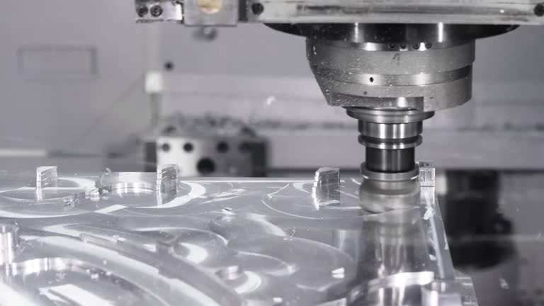 CNC milling machine machining a clear acrylic material.