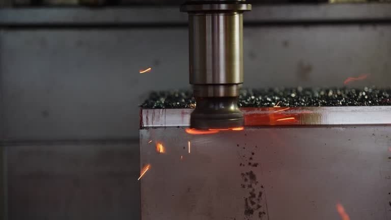 CNC milling machine operating at a lower feed rate with fewer sparks during metal cutting.