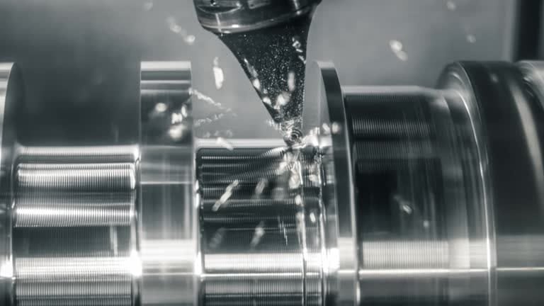 CNC precision machining tool cutting a metal cylinder, producing custom parts with advanced technology.