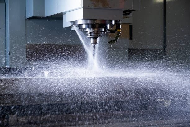 Coolant spraying on a CNC machining center during outsourced CNC part production