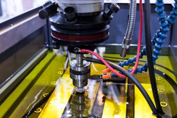 Wire EDM machine submerged in dielectric fluid for precision machining.