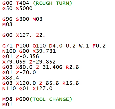 Sample CNC program showing G-code and M-code commands for turning and tool changes.