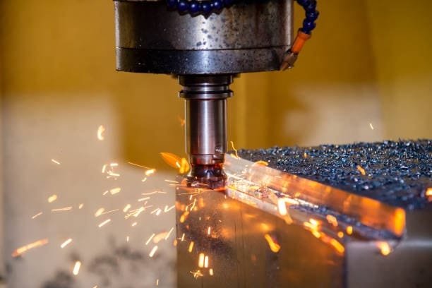 CNC milling machine generating sparks during high-speed cutting operation.