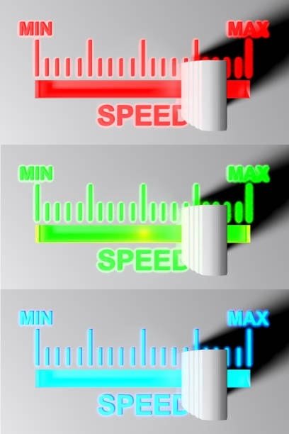 Colorful digital dials representing minimum to maximum feed rate and cutting speed settings.