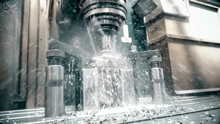 High-speed CNC milling operation with coolant spray during metal cutting.