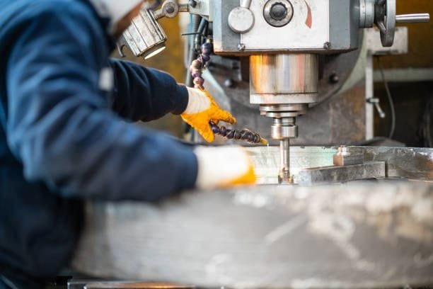 Worker operating a manual drilling machine during the machining process.